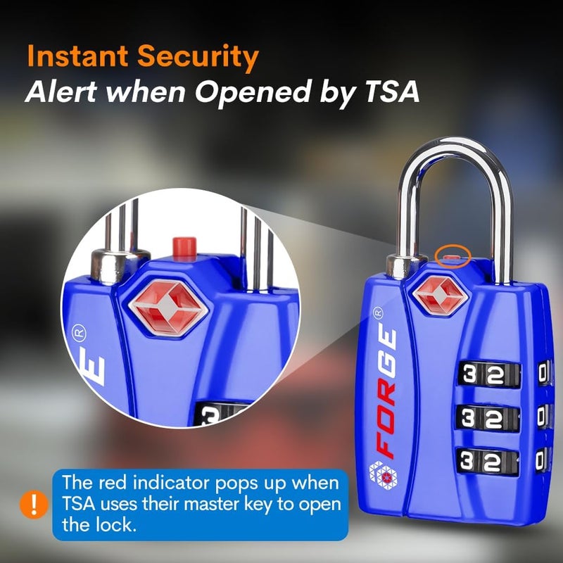 Forge TSA Luggage Combination Lock - Open Alert Indicator, Easy Read Dials, Alloy Body- Ideal for Travel, Lockers, Bags (Blue 4Pk) - Image 3